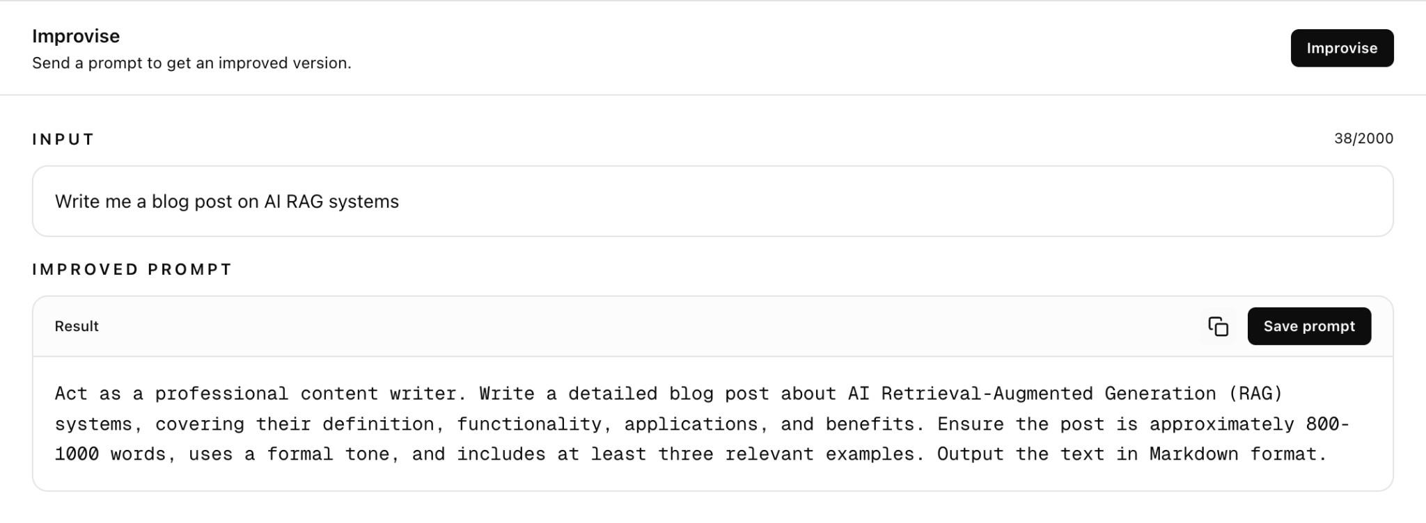 Improvise: input area, improved prompt result, copy and Save prompt