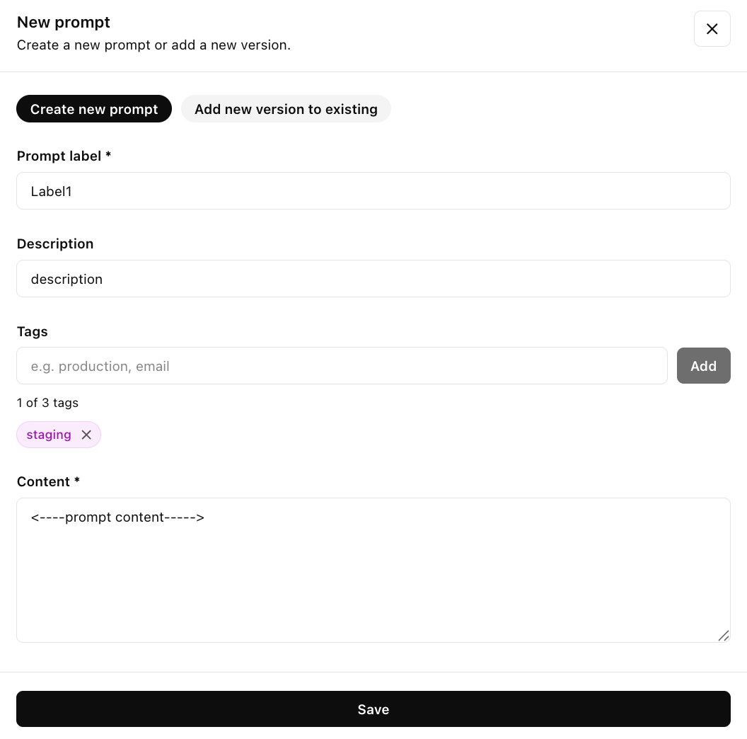 New prompt modal: create or add version, label, description, tags with remove, and content